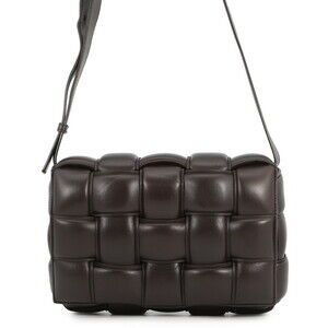 BOTTEGA VENETA Brown Lambskin Leather Intrecciato Shoulder Bag